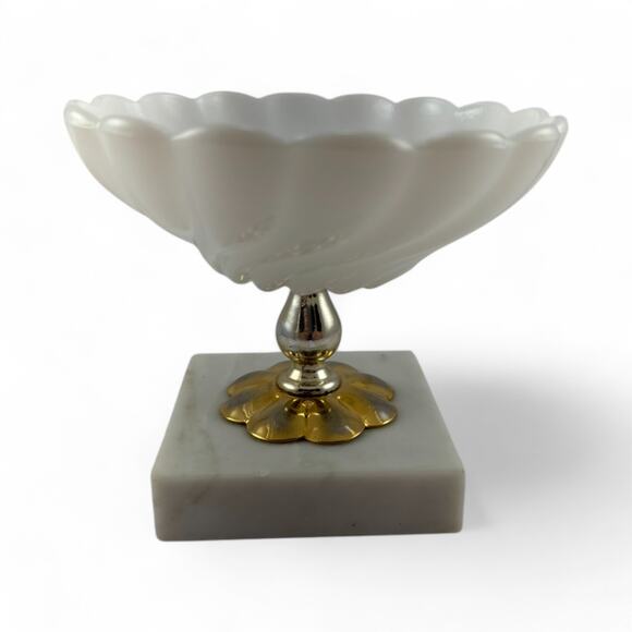 Vintage White Milk Glass Compote Dish Brass Accents on Marble Base, Mid-Century - Picture 5 of 7